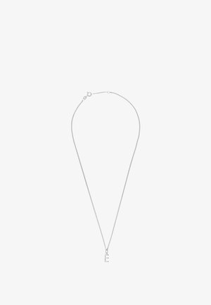 Delicate silver chain necklace with small letter E pendant and spring ring clasp on a white background.