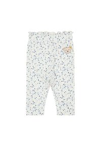 Legginsy z lekkiego, miękkiego materiału, z delikatnym kwiatowym wzorem w niebieskim, różowym i kremowym kolorze. Zawierają łatkę w kształcie niedźwiedzia na pasku.