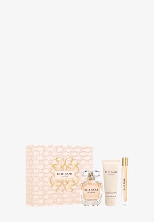Zestaw Elie Saab Le Parfum z ozdobnym pudełkiem, butelką perfum, tubką balsamu do ciała i smukłym roll-onem na białym tle.