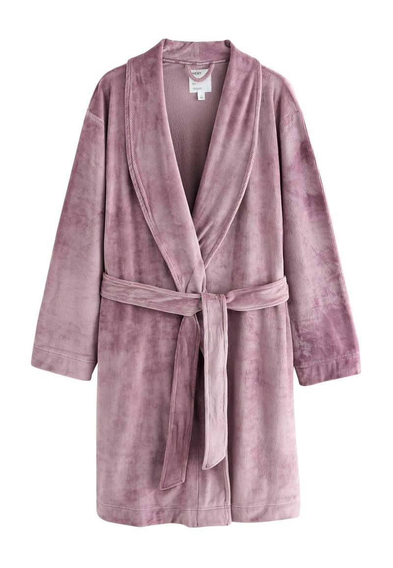 Plüschiger Bademantel im Wickelstil aus weichem Mauve-Stoff. Lange Ärmel, breiter Kragen und passender Gürtel, mit einer strukturierten Oberfläche und ohne sichtbare Beschläge.