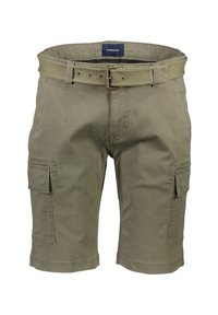 Olivgröna cargoshorts med platt midjeband och bälteshällor, som har två sidofickor och en slät, hållbar tygstruktur.