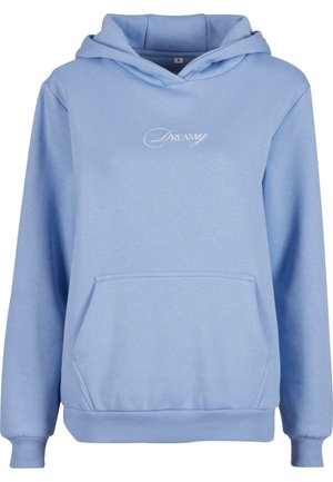 Haut à capuche bleu clair avec poche avant, capuche à cordon de serrage, et broderie blanche "DREAMY". Fabriqué en tissu doux et texturé avec des poignets et un ourlet côtelés.