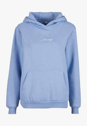 Világoskék kapucnis pulóver elülső zsebbel, húzózsinóros kapucnival és fehér "DREAMY" hímzéssel. Puha, strukturált anyagból készült, bordázott mandzsettákkal és szegéllyel.