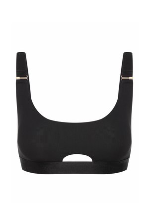 Czarny stanik w prążki z szerokimi ramiączkami, kwadratowym dekoltem i wycięciem na środku. Posiada złote akcenty sprzętowe do regulacji.