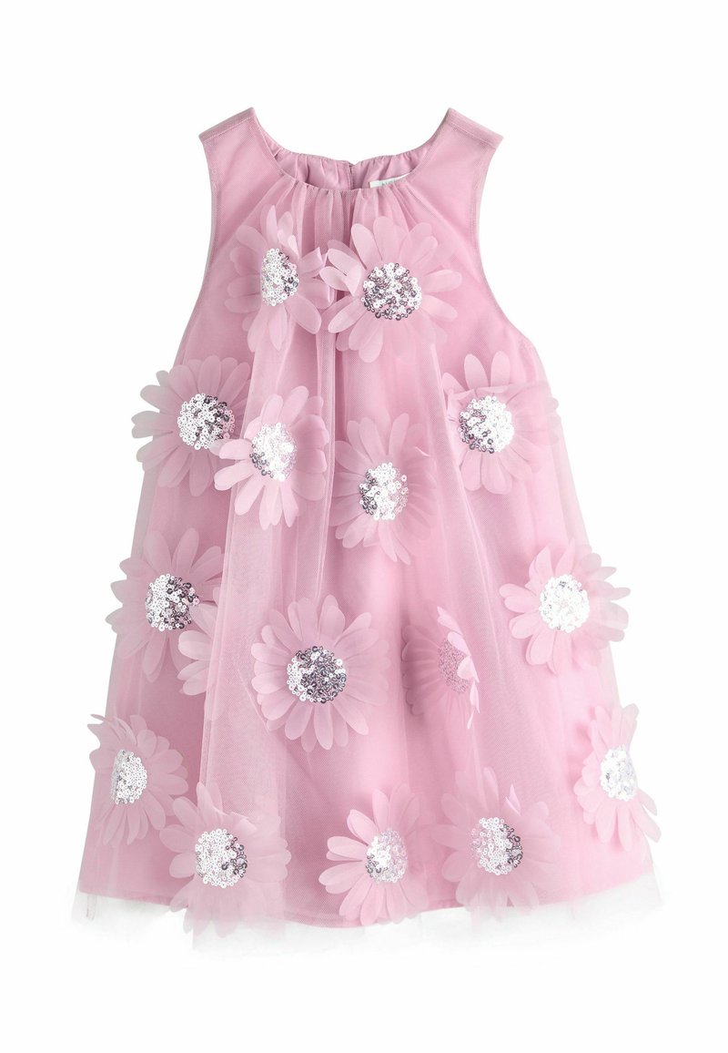 Vestido sin mangas en rosa con capas de tul, adornado con grandes apliques florales y centros con lentejuelas. Tela suave y silueta acampanada.