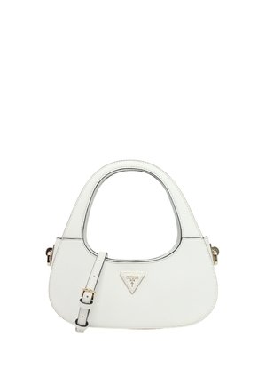 Borsa in pelle bianca con forma arrotondata, cuciture a contrasto, manico superiore singolo e tracolla regolabile. Presenta un accentuato logo triangolare.