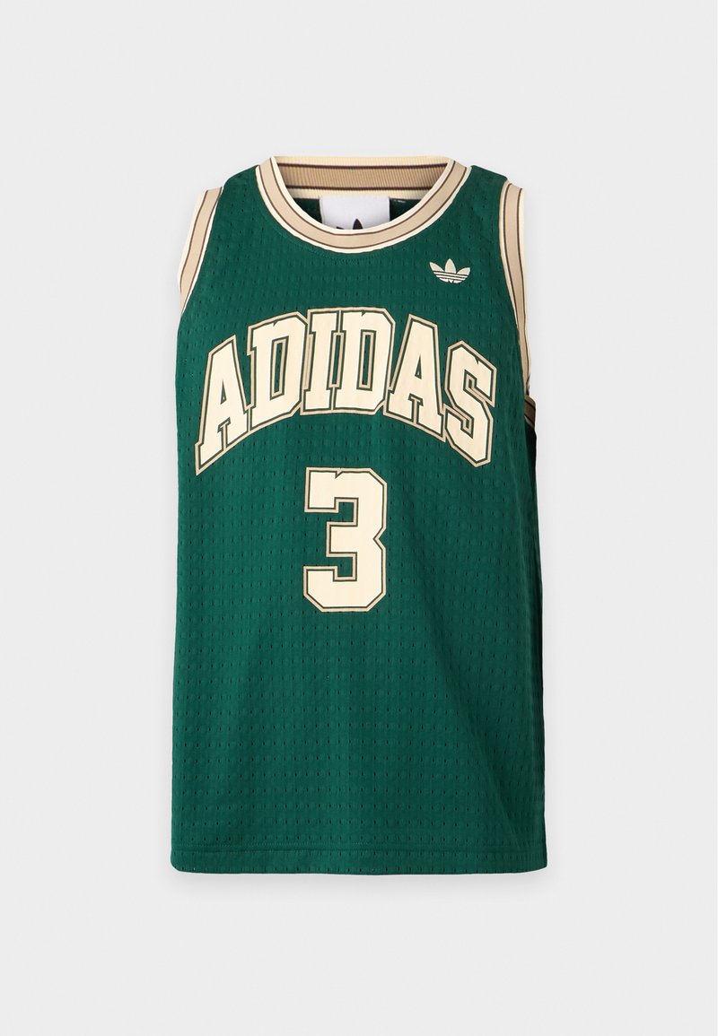 Grøn Adidas ærmeløs basketballtrøje med beige kant, Adidas-logo og nummer 3 på fronten.