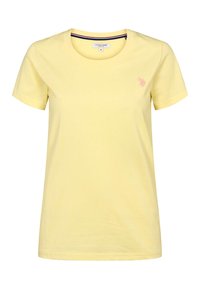 Kollane puuvillane t-särk ümmarguse kaelusega, lühikeste varrukatega ja väike tikitud logo rinnal. Pehme tekstuur ja standardsuurus.