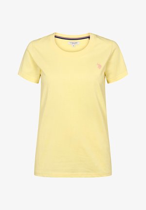 Geel katoenen T-shirt met een ronde hals, korte mouwen en een klein geborduurd logo op de borst. Zachte textuur en standaard pasvorm.