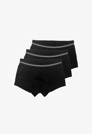 Tre boxer da uomo neri con fascia elastica grigia a righe, impilati su uno sfondo bianco.