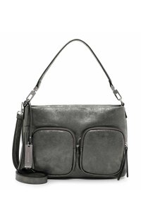 Borsa a tracolla in finta pelle grigia con due tasche anteriori con cerniera, tracolla regolabile e texture liscia. Presenta dettagli metallici e un design elegante.