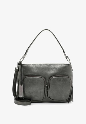 Sac à main en simili cuir gris avec deux poches zippées à l'avant, une bandoulière réglable et une texture lisse. Présente des accents métalliques et un design épuré.