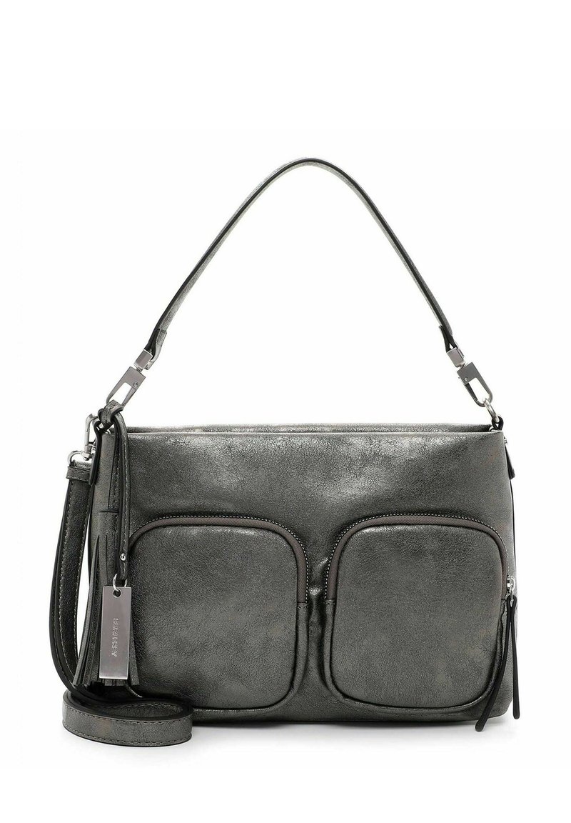 Borsa a tracolla in finta pelle grigia con due tasche anteriori con cerniera, tracolla regolabile e texture liscia. Presenta dettagli metallici e un design elegante.