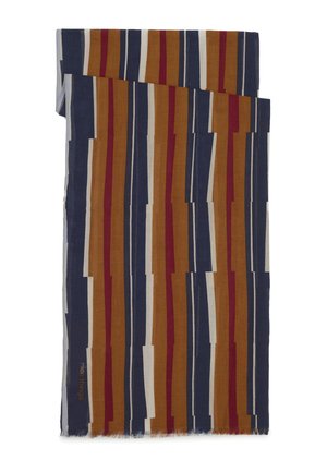 Tissu rectangulaire à rayures verticales irrégulières dans les tons marine, moutarde, rouille et beige, avec des bords légèrement effrangés et le texte "nice things".