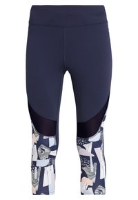 Pantalones de yoga en color navy con paneles de patrones en bloques de colores en tonos de azul, rosa y blanco. Presentan una cinturilla ancha y detalles de malla.