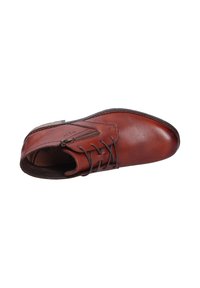 Bottine en cuir marron à lacets sur le devant, avec fermeture éclair sur le côté et bout arrondi, présentée de dessus sur un fond blanc.