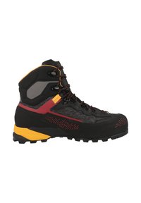 Stivale da trekking nero con accenti rossi e gialli, caratterizzato da una tomaia texture, suola in gomma e sistema di lacci bloccabile per stabilità e supporto.