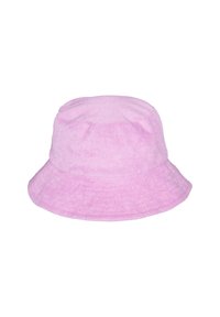 Różowy bawełniany kapelusz typu bucket o miękkiej teksturze, szerokim rondzie i przeszyciach. Posiada luźny, zaokrąglony wierzch i gładkie wykończenie.