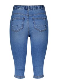 Denim-Capris in mittlerem Blauton, mit elastischem Bund, zwei Gesäßtaschen, geradem Bein Design und umgenähten Säumen.