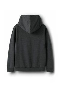 Ein schlichter, dunkelgrauer Hoodie, der von hinten gezeigt wird, mit Kapuze, langen Ärmeln sowie ribbeden Bündchen und Saum.
