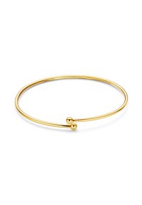 Gouden banglearmband met een gladde, ronde vorm, voorzien van twee kleine sferische accenten aan de open uiteinden. Lichtgewicht en minimalistisch.