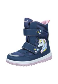 Navy blue high-top boots with pink accents, two Velcro straps, and a unicorn graphic, featuring a ridged white and pink sole.