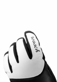 Schwarze und weiße Torwarthandschuhe mit gepolsterten Fingern, strukturiertem Lederpalme und dem "reusch"-Logo auf der weißen Fläche.