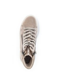Beige high-top sneaker with suede upper, textured laces, side zip detail, and a rounded toe. Rubber sole provides traction.