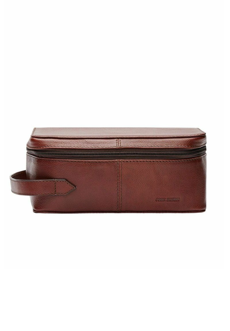 Bruine leren rechthoekige toilettas met een ritssluiting, zijhandgreep en een gladde textuur. Geen zichtbare patronen of hardwaredetails.