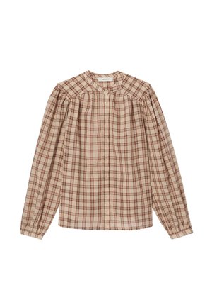 Chemise à manches longues à carreaux beige et marron, boutonnée, avec un col bande et un détail de tissu froncé au niveau de la pince.