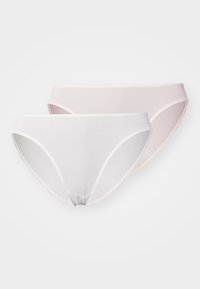 Two pairs of women's underwear in white and light pink. Made from smooth fabric with seamless edges and a classic bikini design.