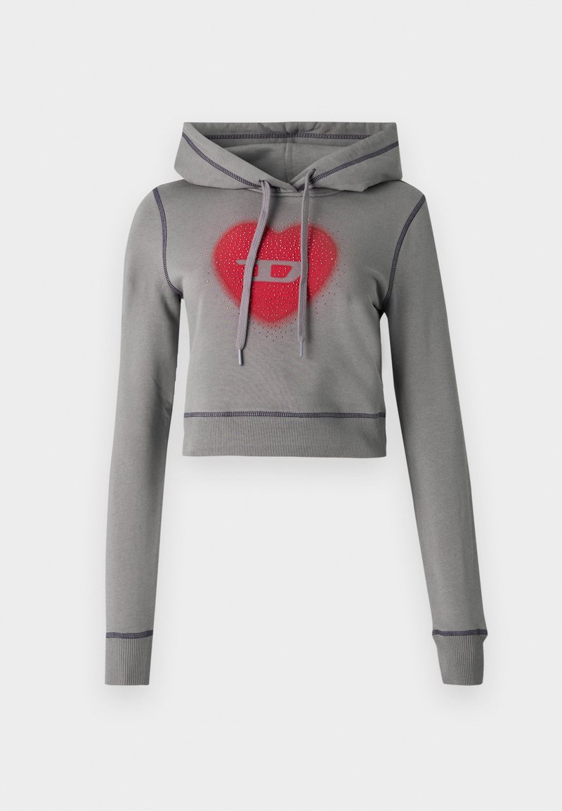 Gray cropped hoodie with long sleeves, drawstring hood, and red heart and logo design embellished with rhinestones. Contrast stitching detail.