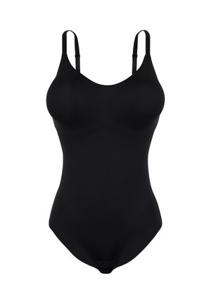 Zwarte body met verstelbare schouderbandjes, gladde textuur, gevormde cups en een naadloos ontwerp. Geen zichtbaar hardware of accenten.