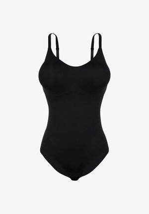 Body nero con spalline regolabili, texture liscia, coppe sagomate e design senza cuciture. Nessun elemento o dettaglio visibile.