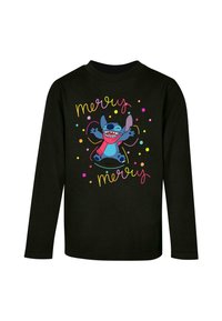 Zwarte lange mouwen shirt met een afbeelding van een blauw personage met een open mond, omringd door kleurrijke stippen en de tekst "merry merry."