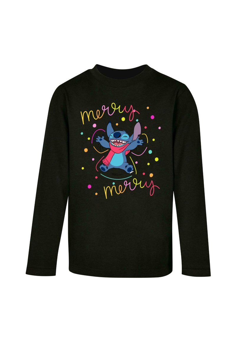 Zwarte lange mouwen shirt met een afbeelding van een blauw personage met een open mond, omringd door kleurrijke stippen en de tekst "merry merry."