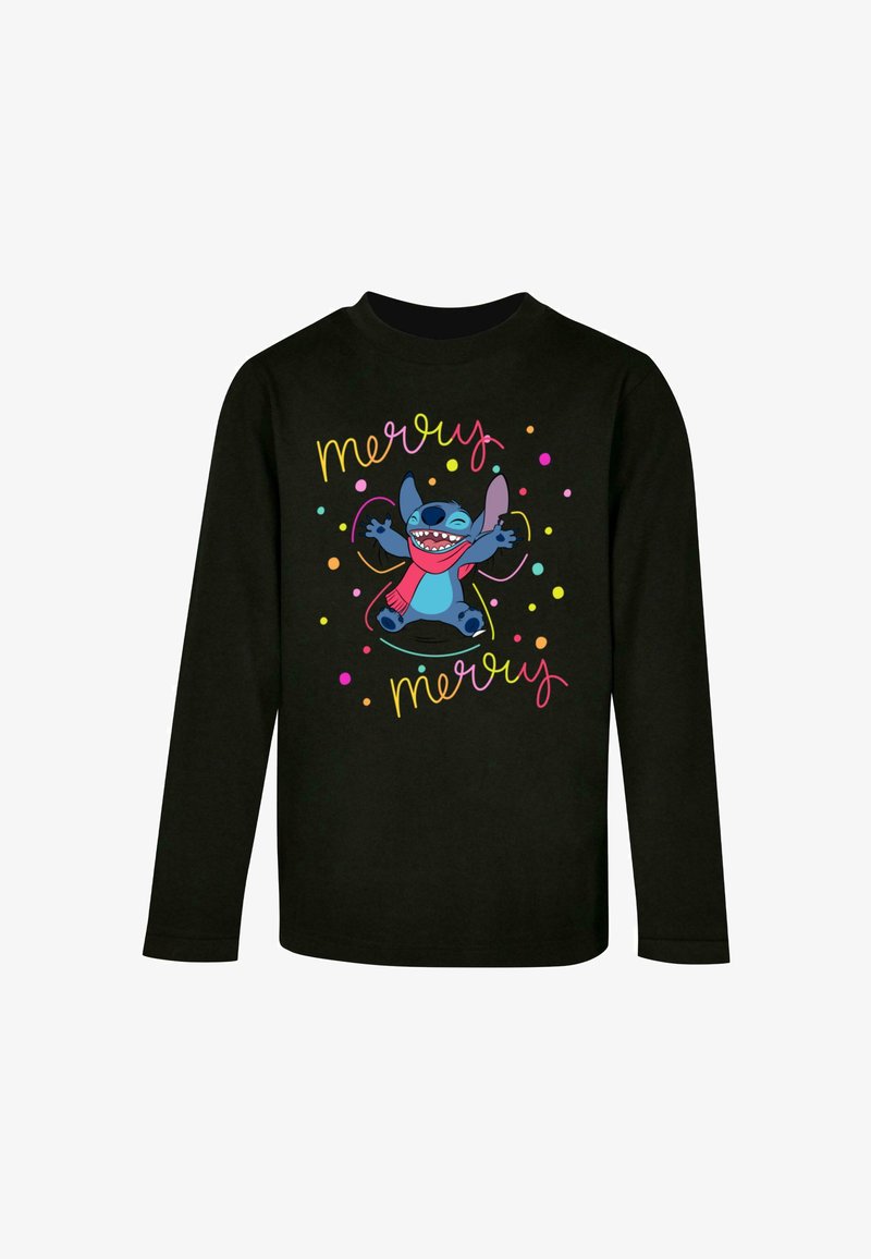 Schwarzshirt mit langen Ärmeln, das ein Grafikdesign eines blauen Charakters mit offenem Mund zeigt, umgeben von bunten Punkten und dem Text "merry merry."