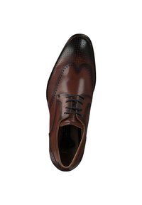Brown leather dress shoe with perforated detailing, rounded toe, and dark lace-up closure. Polished finish with subtle gradient shading.