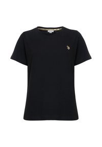 T-shirt nera in cotone con maniche corte e scollatura tonda, con un piccolo logo ricamato in oro sull'area del petto sinistro.