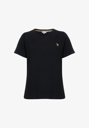 T-shirt nera in cotone con maniche corte e scollatura tonda, con un piccolo logo ricamato in oro sull'area del petto sinistro.