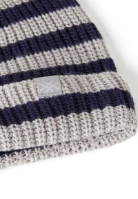 Cappello lavorato a maglia con strisce alternate in blu navy e grigio chiaro. Lana morbida e testurizzata con un'etichetta tessuta che presenta un logo stilizzato.