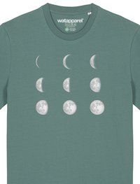 Grünes Baumwoll-T-Shirt mit einem Grafikdesign der Phasen des Mondes in Grau, in einem 3x3-Raster auf der Vorderseite angebracht. Rundhalsausschnitt mit kurzen Ärmeln.