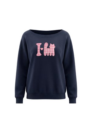 Marineblå sweatshirt med pink ternet tekst og kattefigur med teksten "I love cats" på fronten.