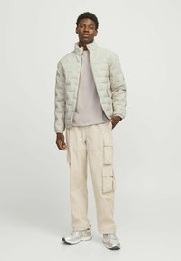 Doudoune gris clair avec un col haut, surface texturée, portée sur une chemise lilas clair et un pantalon cargo beige ; baskets argentées.
