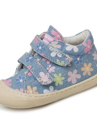 Blue denim shoe with colorful flower patterns; features two hook-and-loop straps, rubber sole, and a rounded toe.