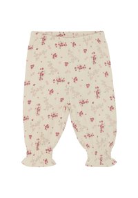 Lyscremefarvede bukser med et blomstermønster i pink og grøn. Har elastisk talje og samlet manchetter ved anklerne. Blødt stof.