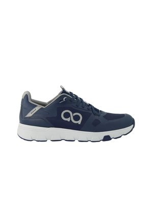 Dunkelblauer Sportschuh mit grauem Innenfutter, weißer Sohle und einem stilisierten "aa"-Logo an der Außenseite, von der Außenseite betrachtet.