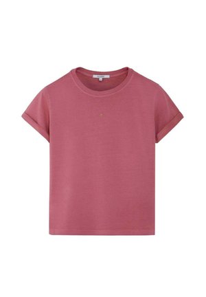 Tricou cu mâneci scurte, de culoare roz prăfuit, cu gât rotund, manșete rulate, design simplu și un mic logo situat la centrul din față, sub decolteu.