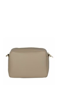 Borsa cosmetica rettangolare beige con chiusura a zip e dettagli in metallo dorato. Realizzata in materiale liscio e resistente. Design semplice e minimalista.