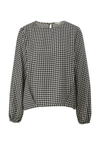 Bluse im schwarz-weißen Hahnentrittmuster mit langen Ärmeln, Rundhalsausschnitt und elastischen Bündchen. Detail mit Schlüssellochverschluss hinten.